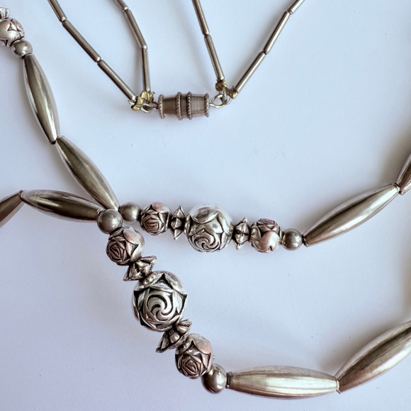 Native American Navajo Bead Cylinder Sterling Silver Two Strand Necklace 26" - Picture 5 of 6